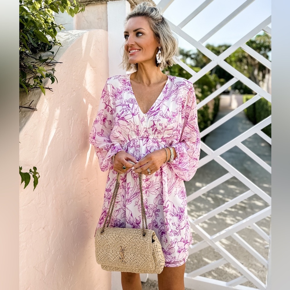 a new day Pink and White Floral V-Neck Long Sleeve Dress